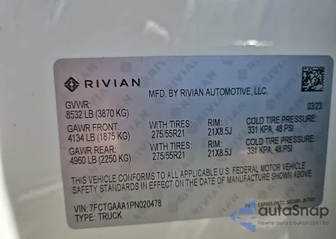 2023 Rivian R1T Adventure from USA, damaged, VIN 7FCTGAAA1PN020478